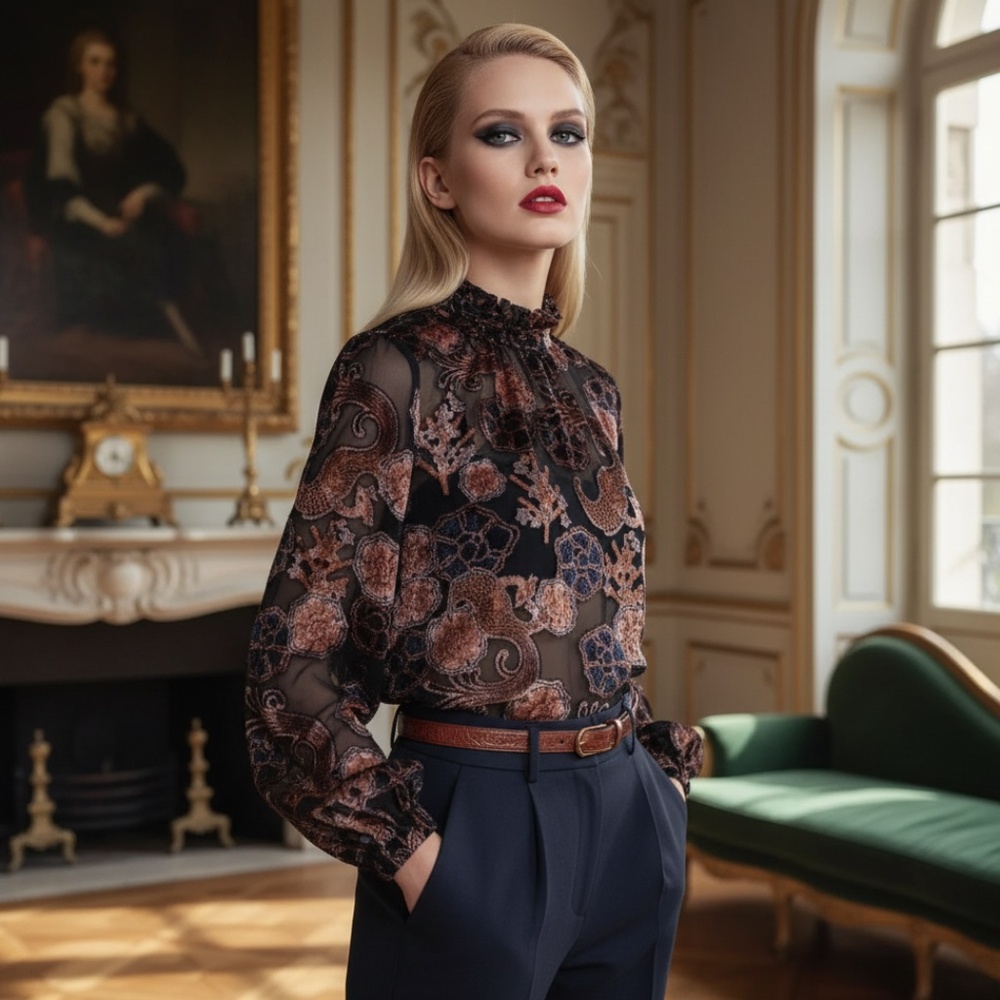 Scotch & Soda Velvet Burnout Blouse | Sheer 'Old Money' Luxe | Black & Blush |